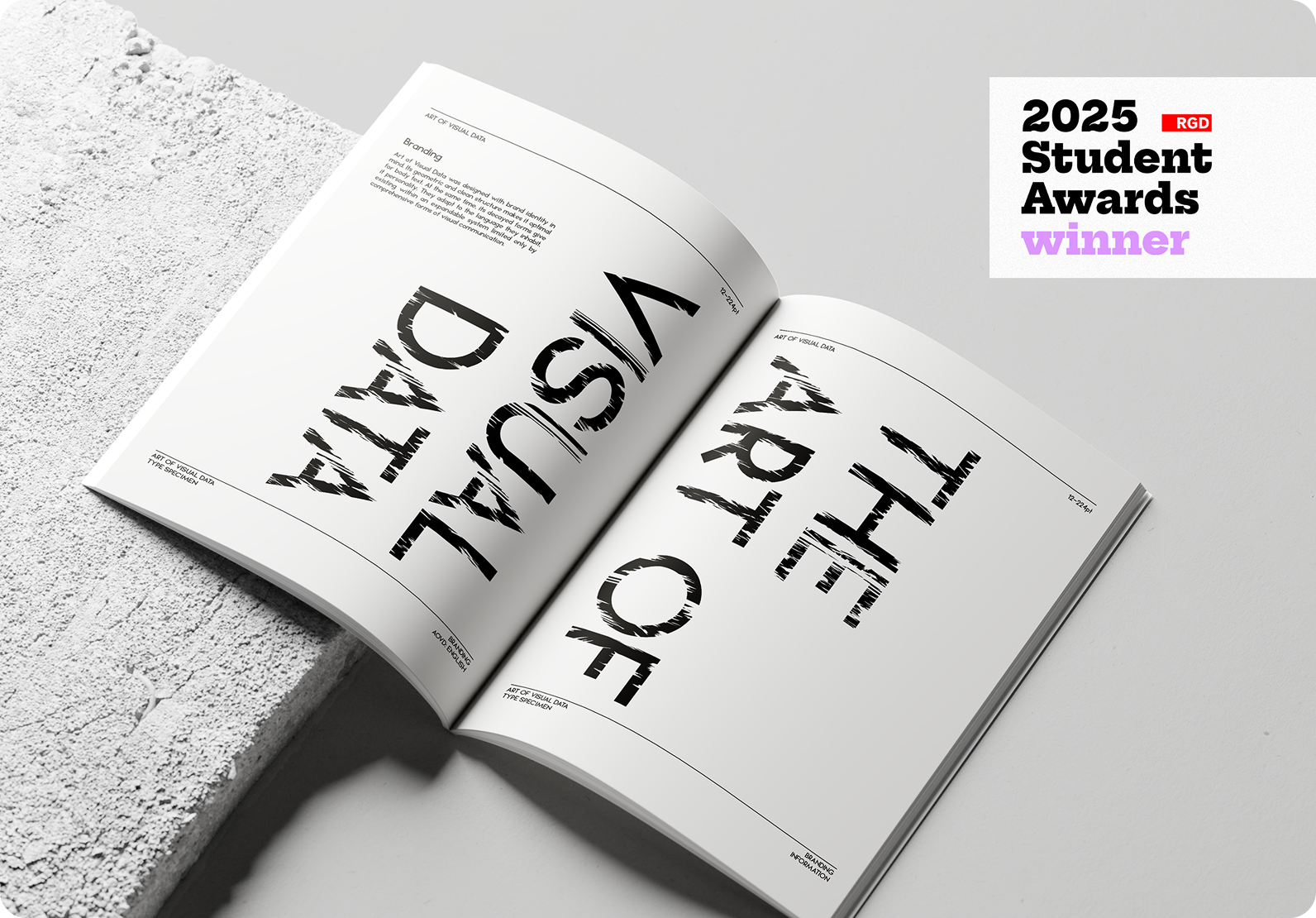 Type specimen with 'THE ART OF VISUAL DATA' going across both spreads and the 'RGD 2025 Student Award Winner' sticker in the top right.