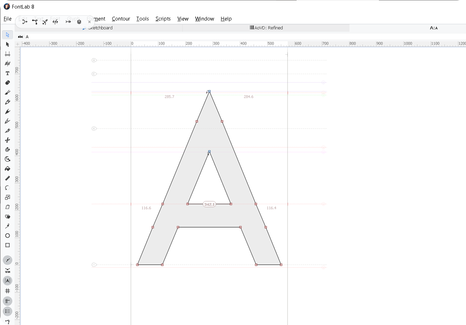 Letter 'A' in the AoVD: Refined typeface being viewed in FontLab.