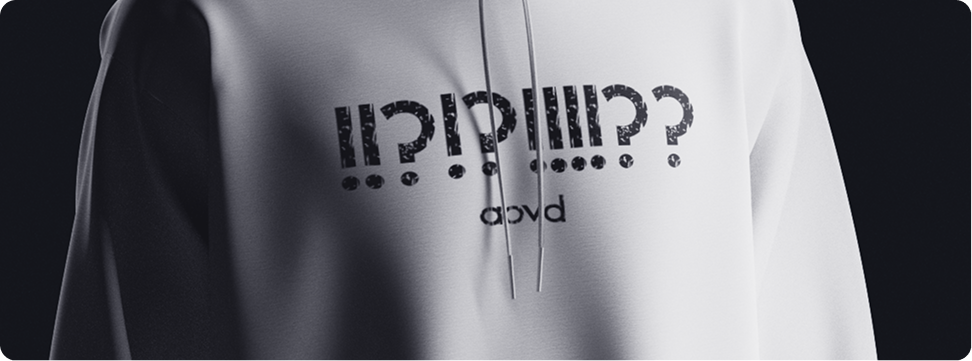 Chest part of a hoodie with '!!?!?!!!!??' and 'aovd' below in the AoVD: English typeface.