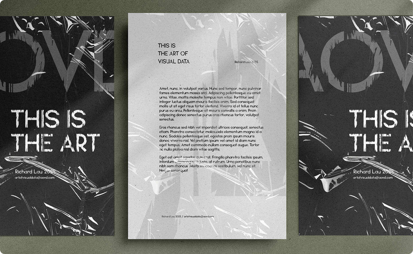 Type posters for AoVD with distressed lettering and plastic wrap texture.