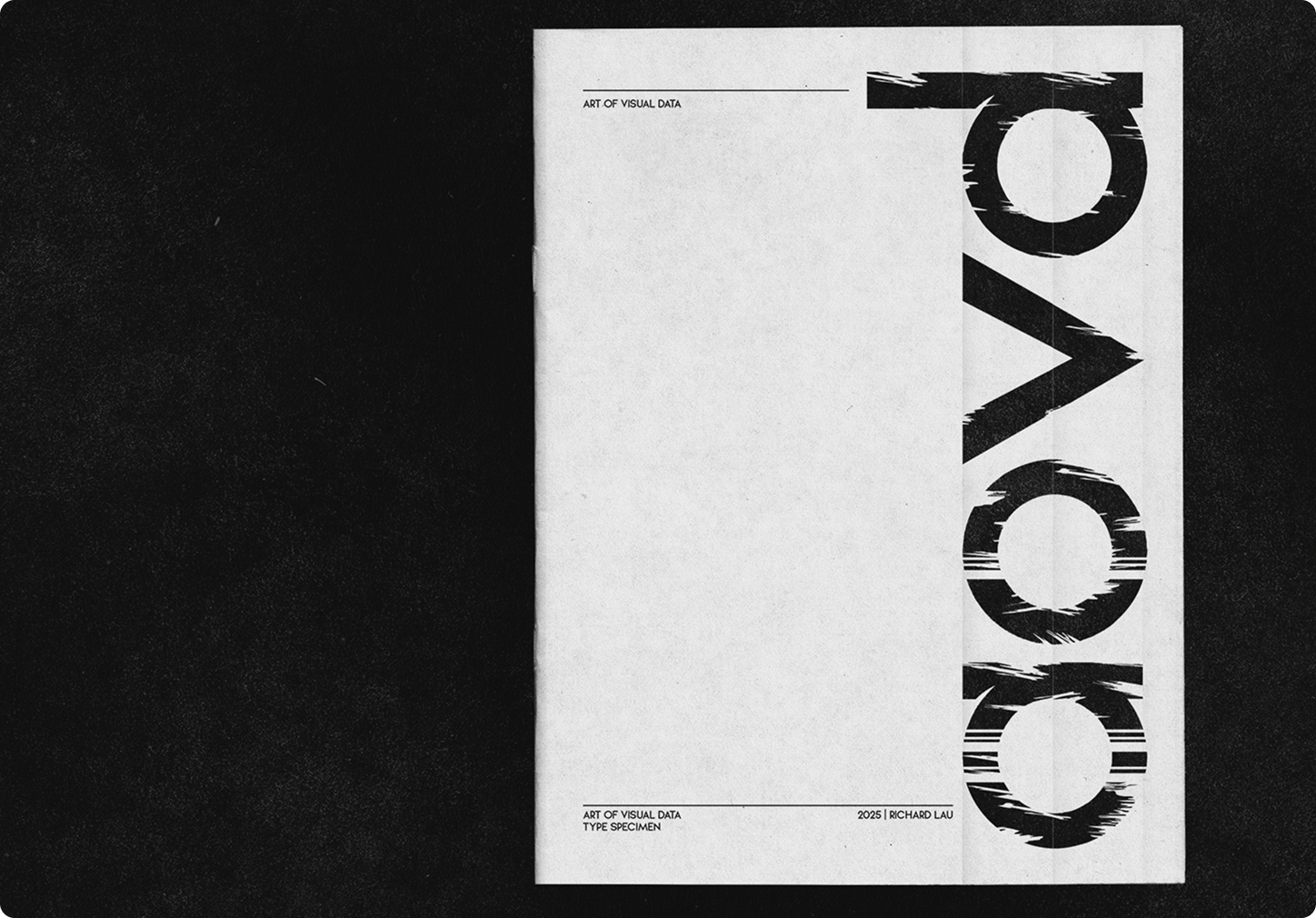 Type Specimen cover showing letters 'aovd' in a big bold lowercase AoVD: English font. The letters are made up of 4 pages, with each page growing in width respectively.