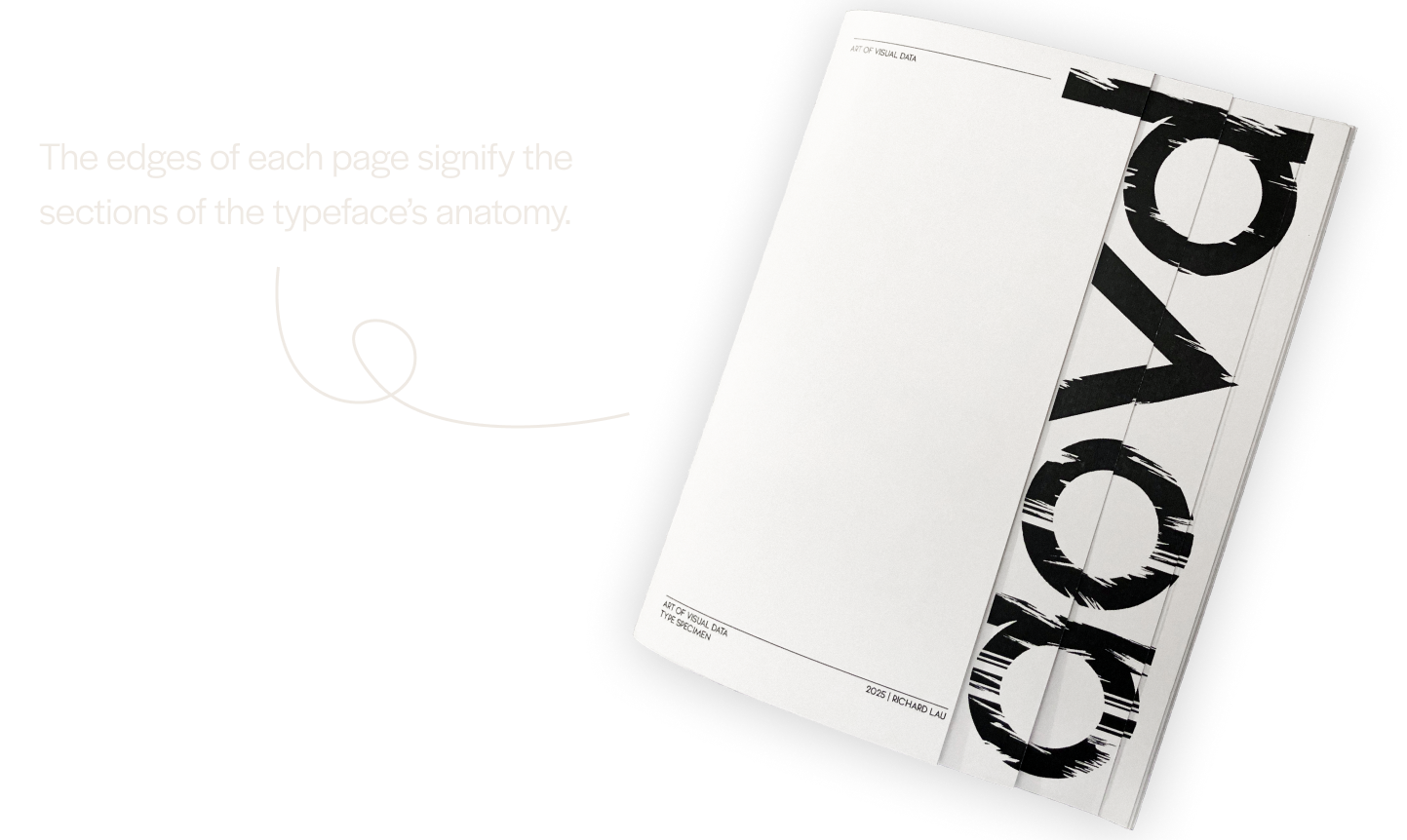 Booklet showing sliced letterforms along the page edges with text explaining the typeface anatomy concept.
