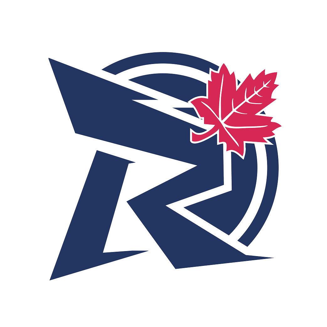 Stylized blue “R” logo with a red maple leaf.