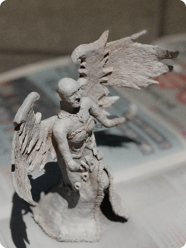 Unpainted 3D-pen sculpture of a winged female fantasy character.