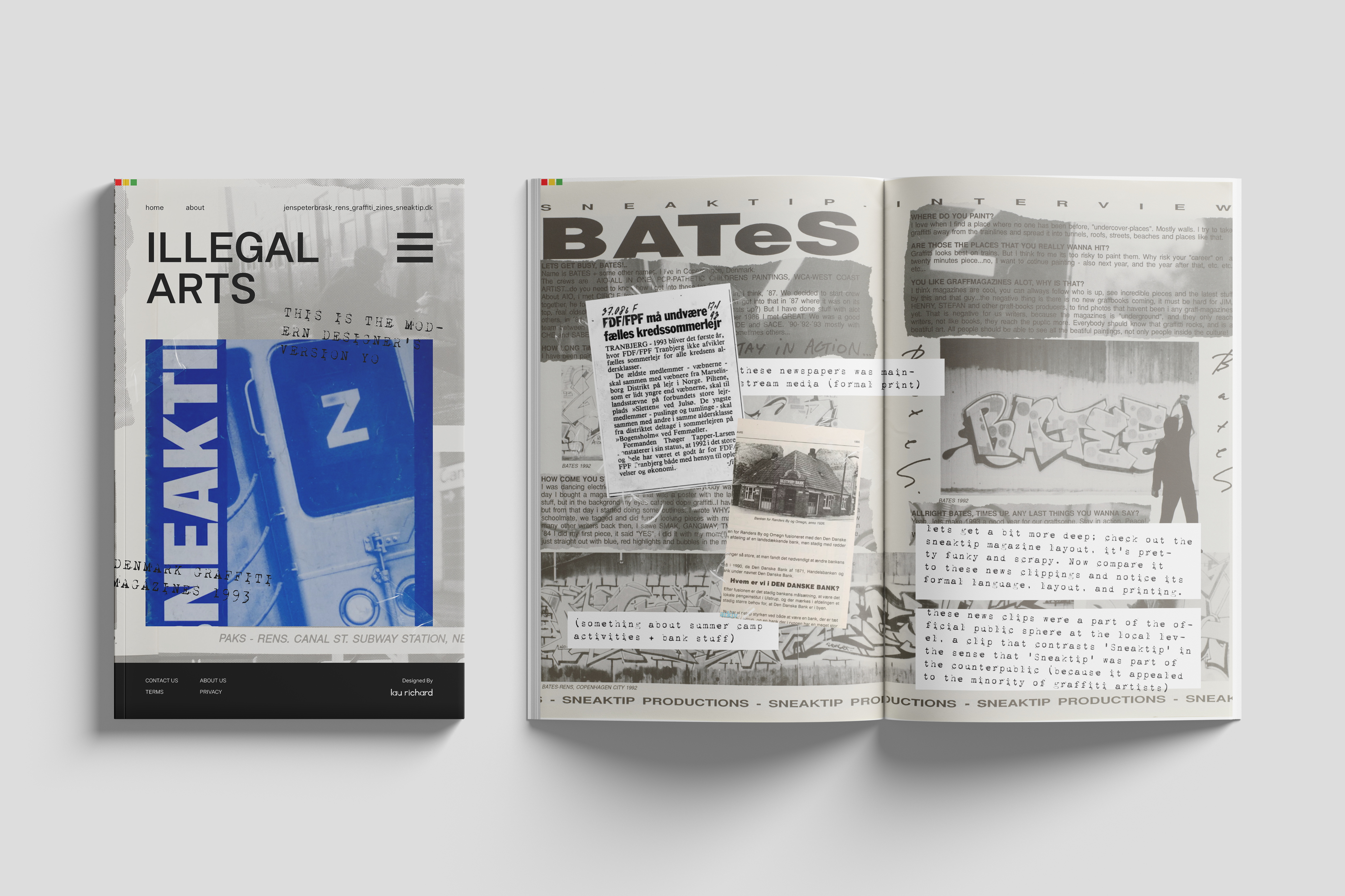 Zine cover and spread of 'Illegal Arts,' a scrappy collage style mixed with digital features.