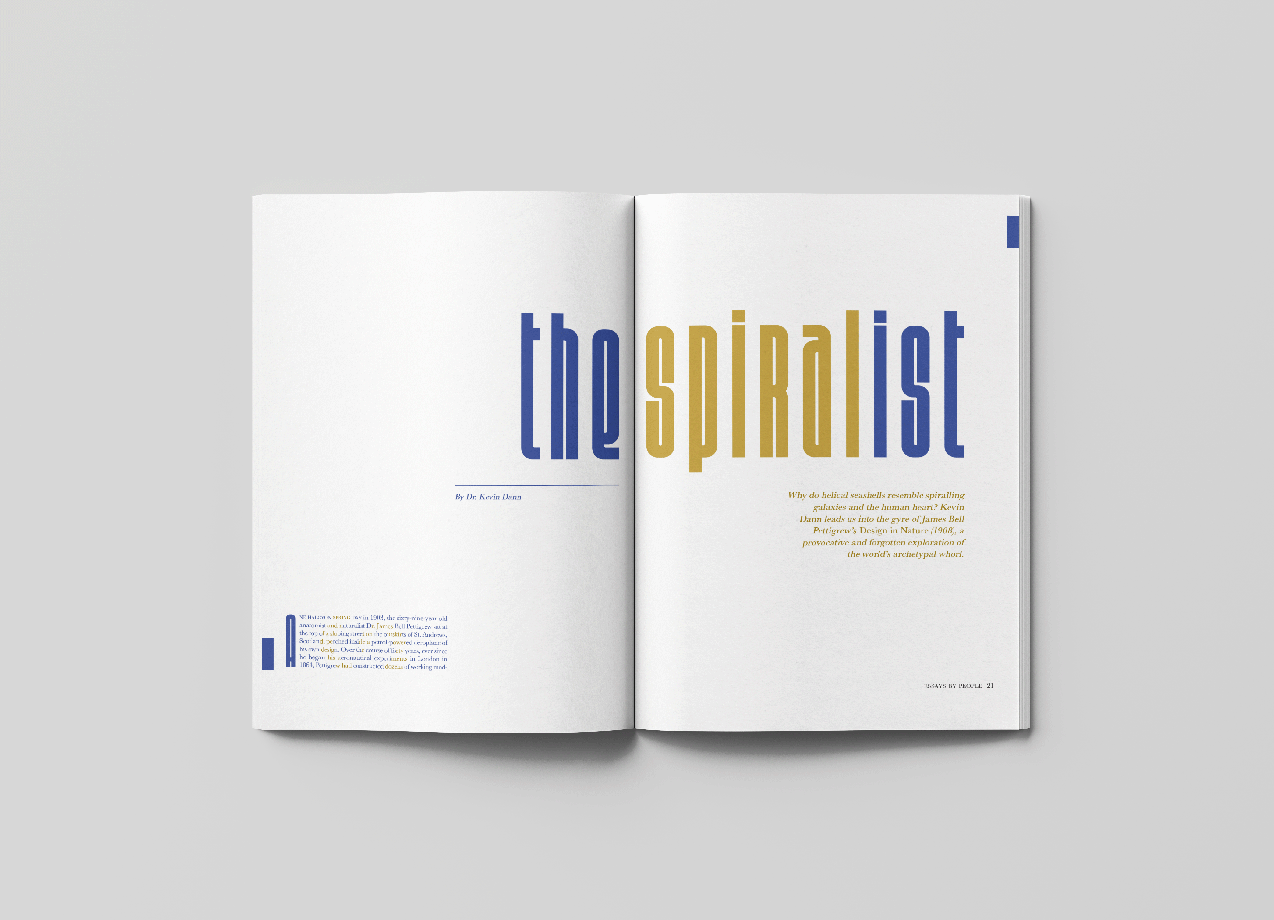 Magazine spreads for 'The Spiralist,' featuring spirals created by a contrast of blue and gold blocks of text, connected across the spread.