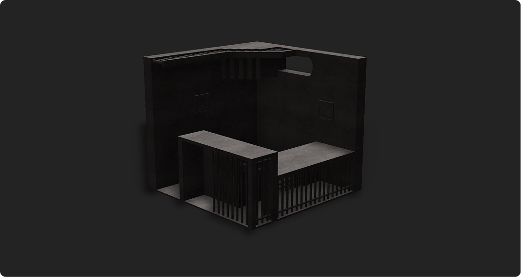 3D M.C Escher inspired isometric room with jailbars and stairs.