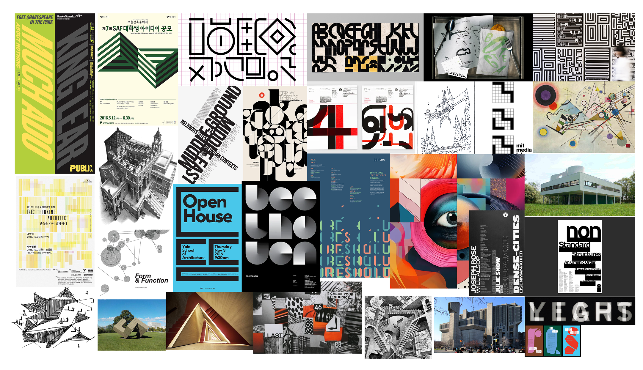 Moodboard with various posters of different styles, brutalist architecture, and geometric typography.