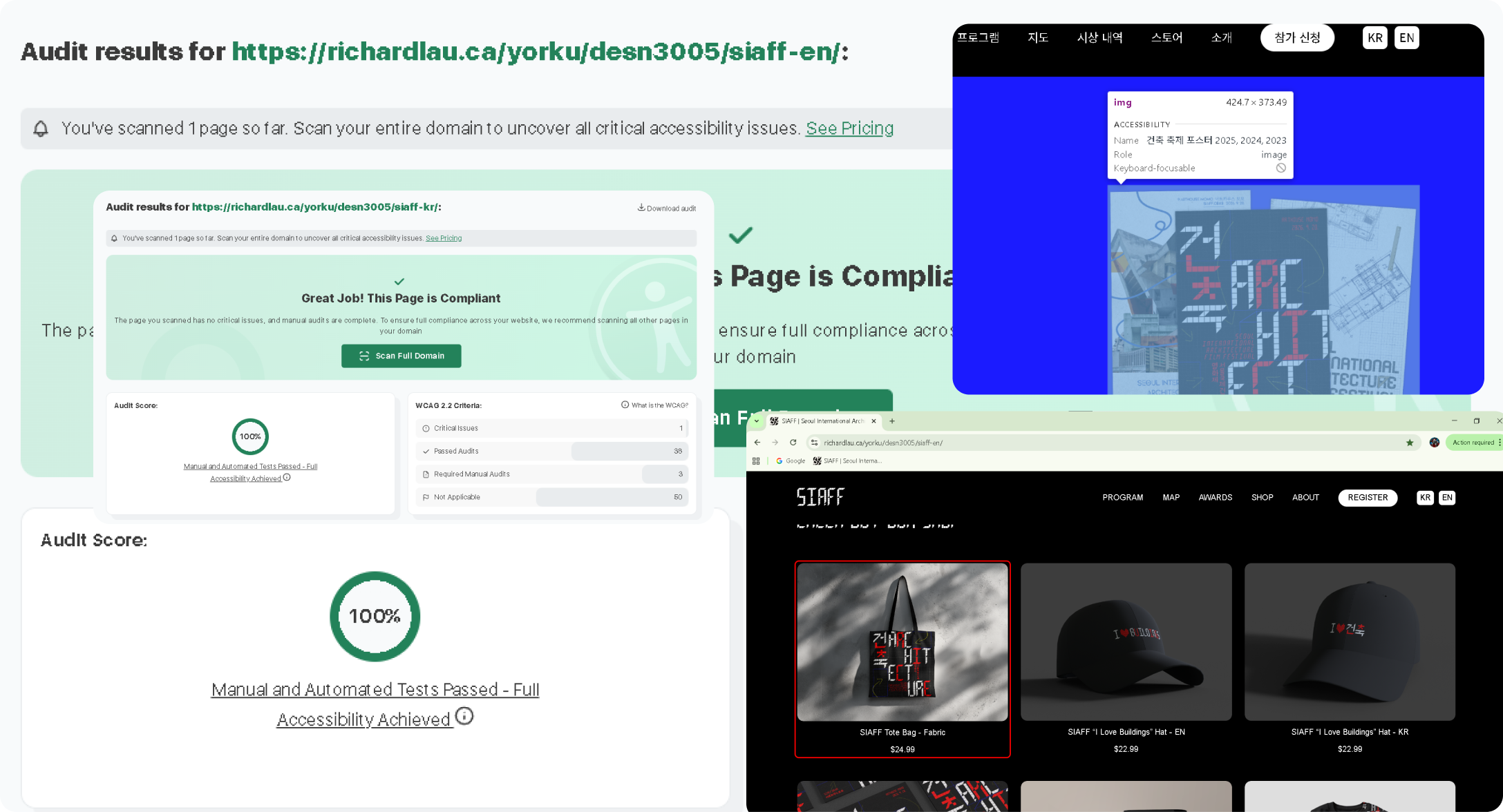 Screenshots of accessibility feats such as 100% approved audits, red keyboard navigation border colours, and alt text in Korean on the Korean SIAFF website.