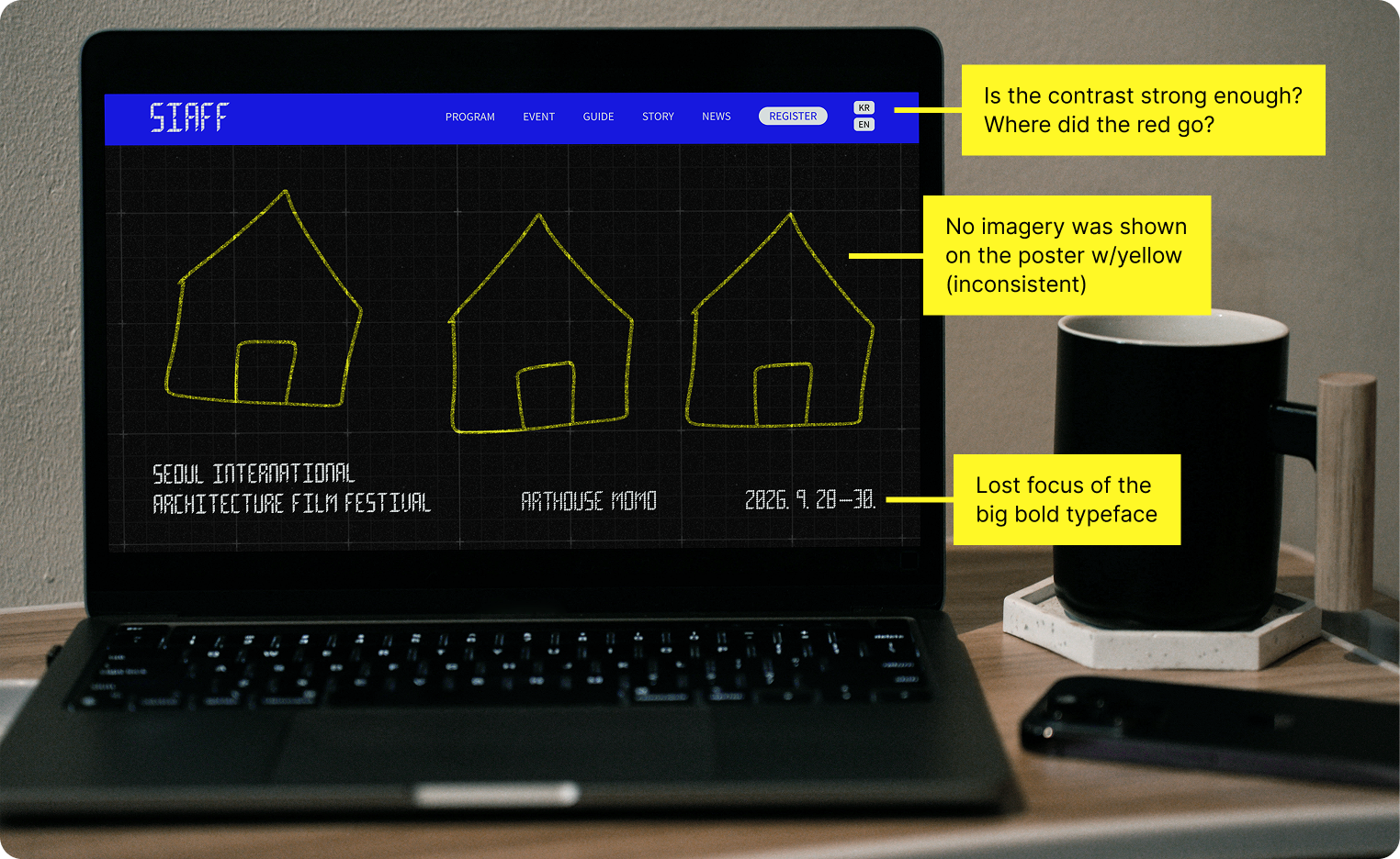 Laptop displaying a dark-themed festival website with yellow house line drawings and annotations highlighting contrast, imagery consistency, and typography issues.