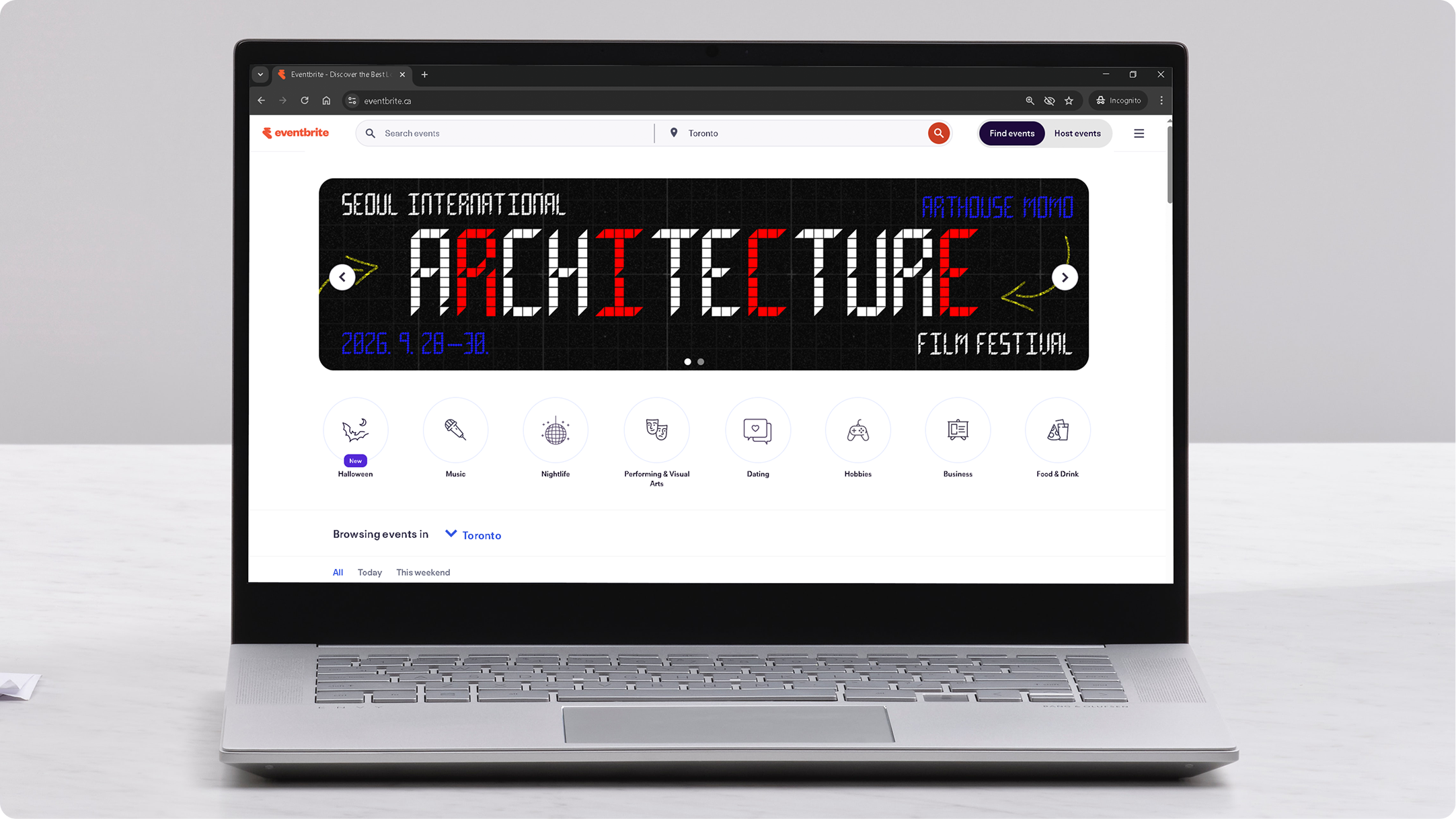 SIAFF advertisement on the Eventbrite website, displaying 'SEOUL INTERNATIONAL ARCHITECTURE FILM FESTIVAL' in the big bold modular typeface.