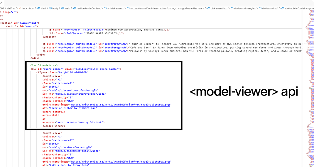 HTML file highlighting the <model-viewer> api implementation.