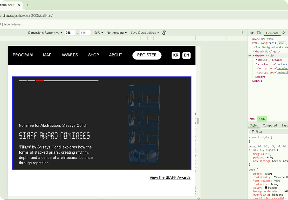 Website layout shown with HTML and CSS code in browser developer tools.