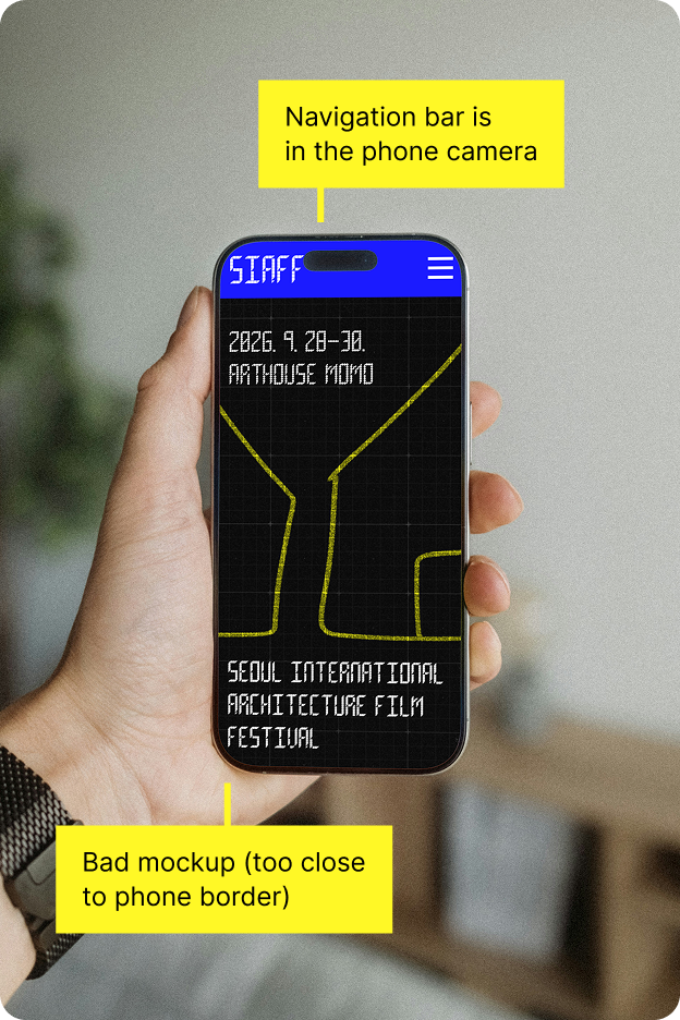 Handheld smartphone mockup showing the mobile festival design with annotations noting navigation overlap and tight screen margins.