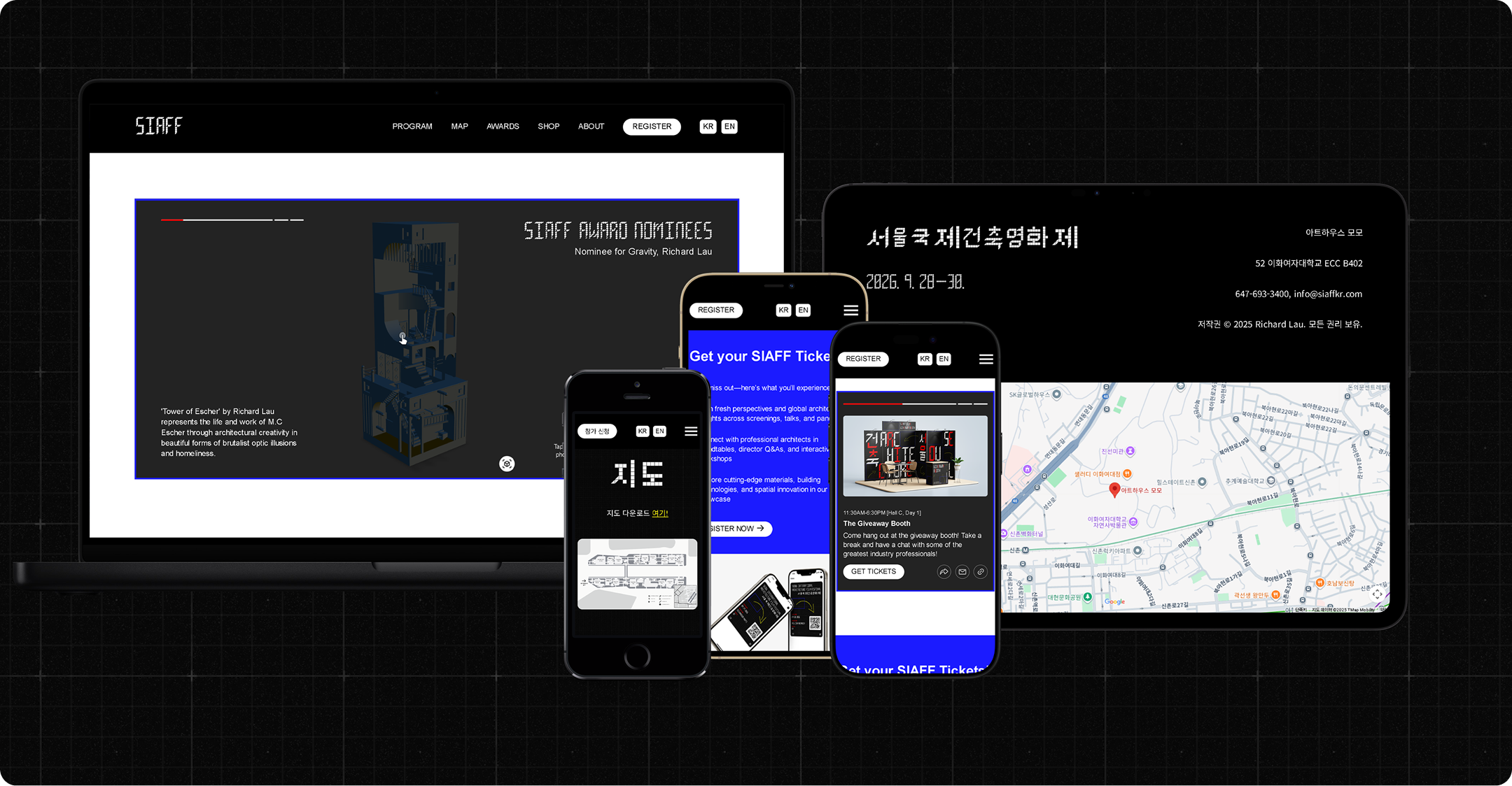 Responsive festival website shown across laptop, tablet, and mobile screens.