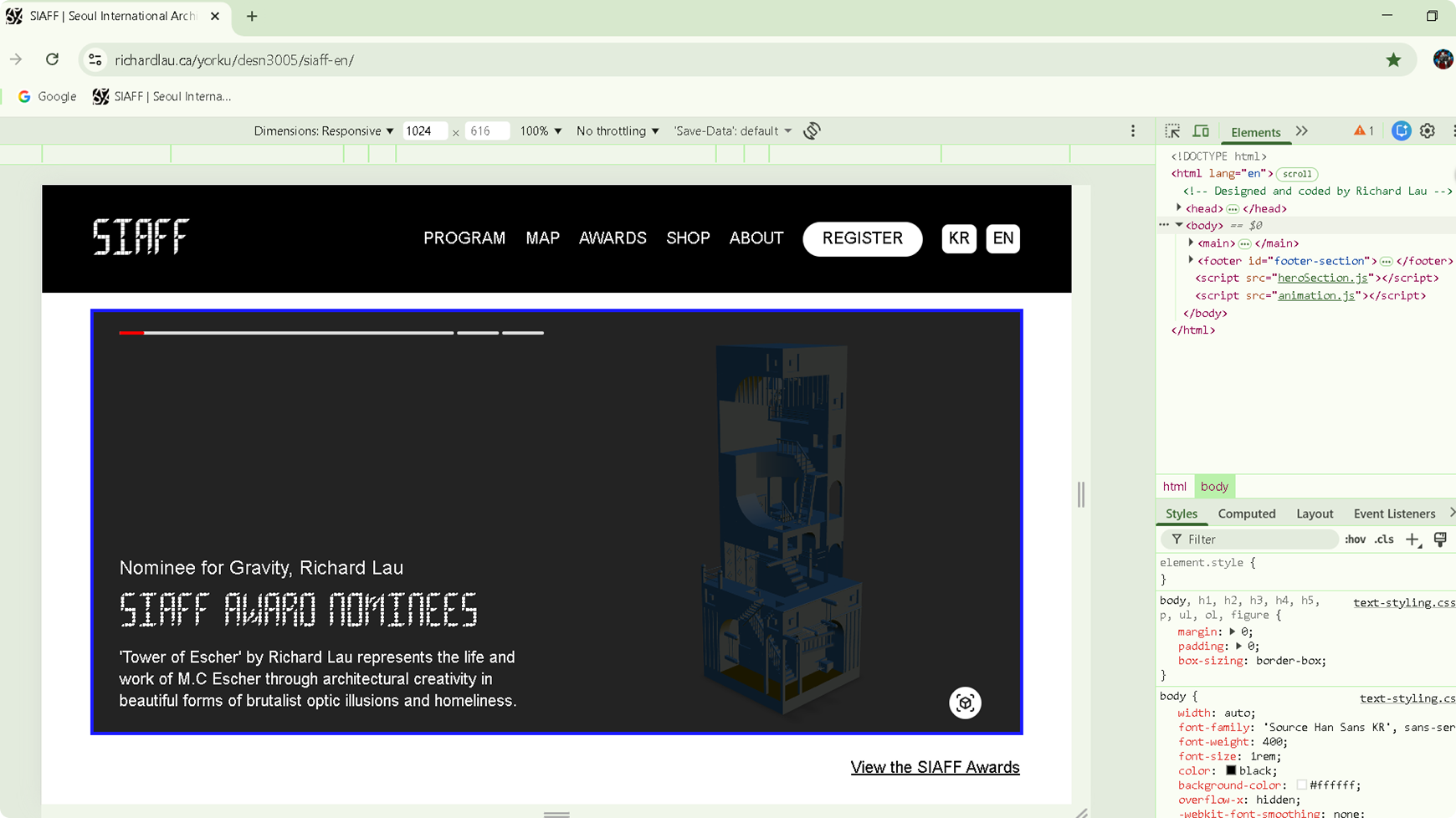 Screenshot of the SIAFF website awards section showing a nominee feature for Richard Lau, with dark-themed typography, project description text, and a 3D architectural artwork displayed alongside navigation and browser developer tools.