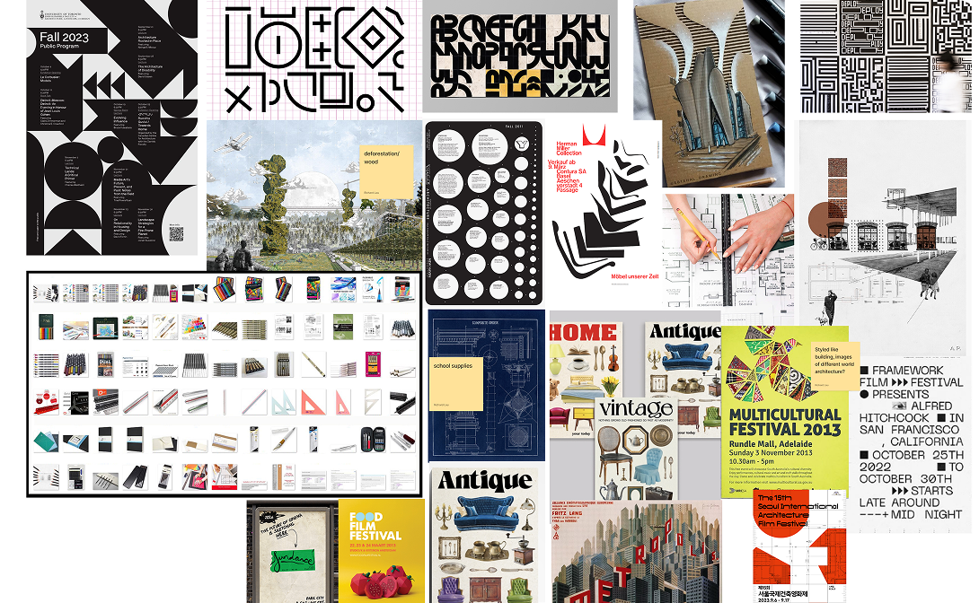 Symbolic visual identity moodboard featuring abstract shapes, modular typography, graphic patterns, and conceptual design references.