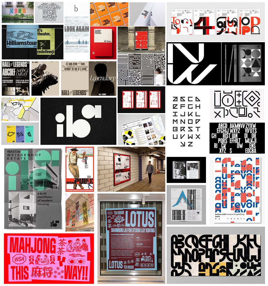 Typeface moodboard showing typographic posters, modular letterforms, graphic patterns, and experimental type references.