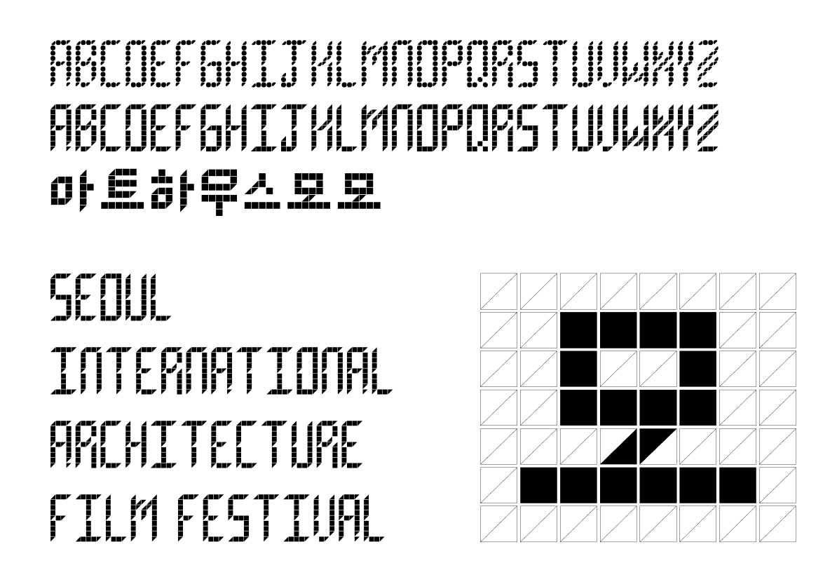 Modular multilingual typeface specimens for architecture film festival branding.