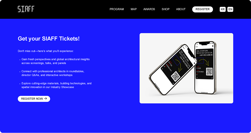SIAFF webpage section of ticket promotion with mobile phone mockups on blue background